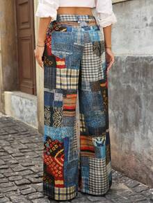 EMERY ROSE Women's Patchwork Print Loose High Waist Wide Leg Jeans - Multicolor - View 5