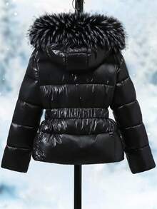 SHEIN Chaqueta con capucha y cintura ceñida engrosada de moda para niña preadolescente, adecuada para uso casual diario en otoño/invierno