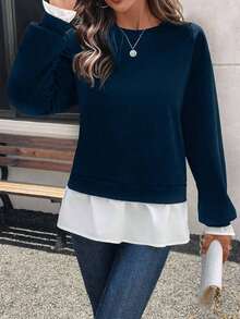 SHEIN LUNE 女士休闲二合一撞色套头卫衣，毕业季、教师节、返校季秋季款 - 藏蓝色 - 查看 4