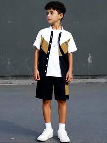 2pcs/Set Tween Boy Casual Patchwork Contrast Color Short Sleeve Stand Collar Shirt And Elastic Waist Pocket Shorts Outfit, Suitable For Autumn, Spring, Summer, Outdoor Play, School, Street Style, Party, And Leisure - Multicolor - View 7