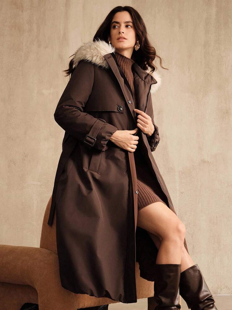 Women's Pockets Waist Belt Design Long Sleeve Zipper Front Fur Collar Hooded Long Casual Winter Jacket