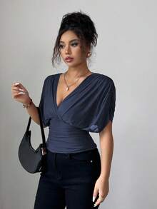 Elenzga Women's Spring/Summer Mesh Elastic Knit Lining Elegant Vacation Beach Commute Casual French Romantic Crossover Shirred Gathered Shoulder Sleeve Waist Ruched Drawstring Ruffle Hem T-Shirt Blouse