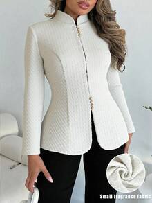 Xyvia 女式粗花呢立领收腰小蘑菇扣设计常规版型简约商务休闲优雅通勤风格西装外套，专业办公室穿着，秋冬 - 白色 - 查看 1