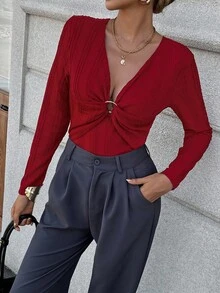 Chiquease Elegant French Style V-Neck Long Sleeve Fitted Red T-Shirt For Women, New Autumn Collection - Red - View 1