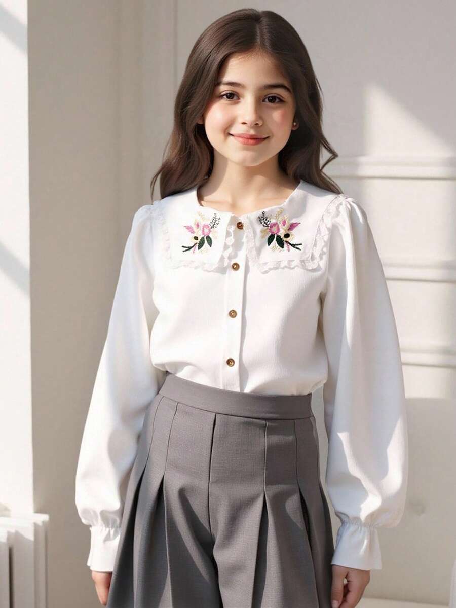 Tween Girl Embroidery Statement Collar Flounce Sleeve Shirt - White - View 1