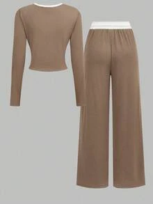 SHEIN Girlism 少女 2 件套撞色短款长袖 T 恤和裤子套装，适合春秋季套装，返校季，休闲运动基本款，秋季服装 - 卡其色 - 查看 2