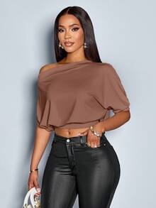 SOLERSUN Women's Solid Asymmetrical Neck Ruched Shoulder Tee - Mocha Brown - View 4