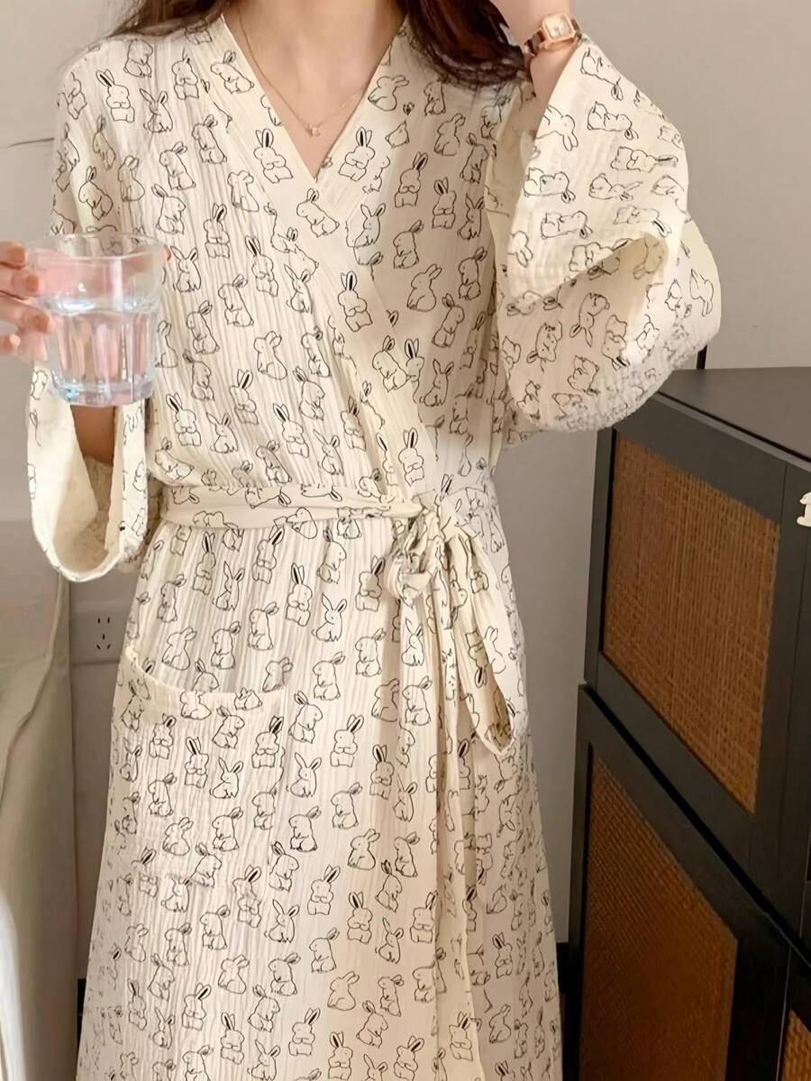 SHEIN 1 Áo choàng ngủ dài tay cho nữ, kiểu dáng tối giản châu Âu, dành cho nữ cỡ lớn, nhẹ nhàng, thích hợp mặc ở nhà. - Màu be - Xem 1