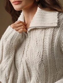 SHEIN X Jwoww Anewsta Cream White Chunky Knit Half-Zip Sweater, Suitable For Christmas, New Year, Party, Elegant, Luxury, Formal, Chic - Apricot - View 1