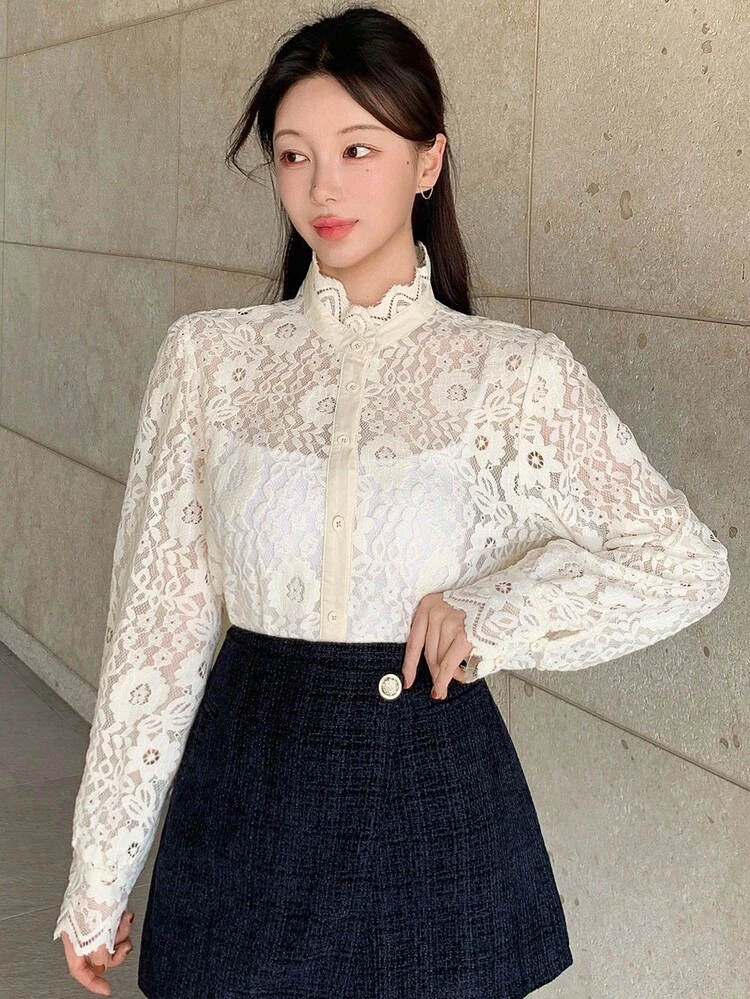 Solid Color Fitted Lace Trim Collar Long Sleeve Elegant Vintage Women Blouse, Autumn/Winter