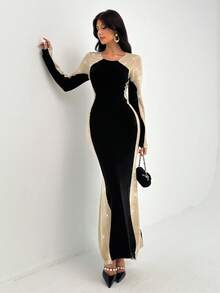 Chiquease Abito maglione elegante e sottile a maniche lunghe con cuciture a contrasto nero e albicocca, stile blogger europei e americani, con lustrini, adatto per l'autunno, per uscire, per l'ufficio e per il tempo libero - Multicolore - Visualizzare 4
