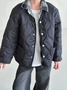 1pc Boys' Quilted Diamond Pattern Casual Padded Coat Fall Winter - Black - View 1