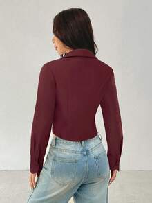 SHEIN PETITE 基本款休闲长袖收腰衬衫 - 酒紅色 - 查看 2
