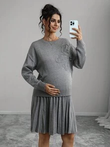 Momance Handmade Floral Solid Color Maternity Sweater Set, Minimalist Chic 3D Flower Round Neck Knit Suit - Grey - View 6