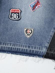 ROMWE MEN Prep Men's Letter Embroidered Dual-Layer Waistband Loose Casual Denim Shorts - Multicolor - View 3