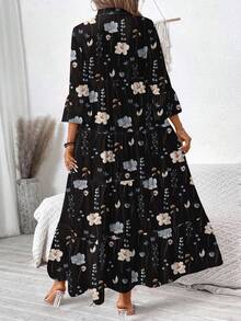 SHEIN LUNE Vestido elegante de talla grande con estampado floral vintage casual, adecuado para otoño/invierno - Negro - Ver 4