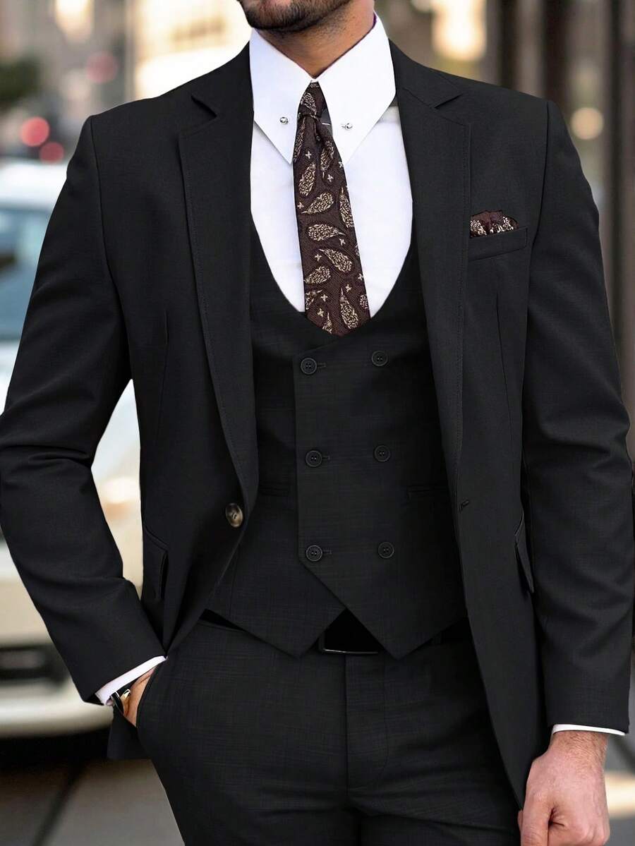 Calvornis 男士纯色翻领长袖休闲商务西装外套优雅燕尾服男士婚礼黑色西装新郎西装，老款风格 - 黑色 - 查看 1