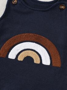 SHEIN Newborn Male Baby White Long Sleeved Shirt Paired With Navy Blue Sleeveless Rainbow Embroidered Jumpsuit And Hat, Autumn New Fabric Comfortable And Innovative Style Fall Winter - Multicolor - View 7