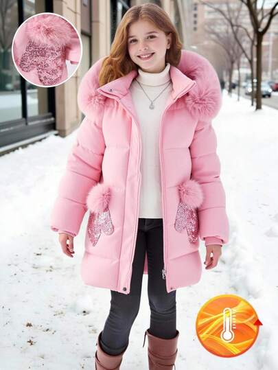 SHEIN 1 pieza Parka con capucha de longitud media con cuello de piel sintética, bolsillos y decoración con lentejuelas, cierre con cremallera, para invierno