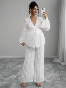 Momance 2pcs/Set Fashionable Feather Print Long Sleeve Top And Wide Leg Pants - White - View 1