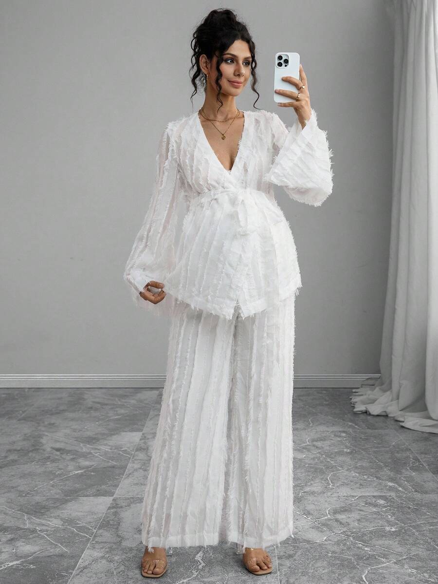 Momance 2pcs/Set Fashionable Feather Print Long Sleeve Top And Wide Leg Pants - White - View 1