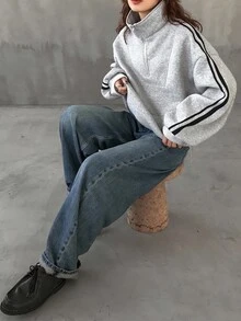 FRIFUL Women's Half-Zip Contrast Color Ribbon Decor Loose Fit Thermal Lined Thick Casual Hoodie