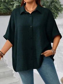 EMERY ROSE Chemise décontractée ample à manches chauve-souris et à simple boutonnage pour femmes de grande taille, couleur unie. Idéale pour les vacances, l'été. - Vert sapin - Voir 1