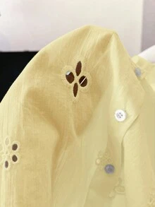 Airaco 女士纯色简约休闲镂空长袖衬衫 - 淡黃色 - 查看 7