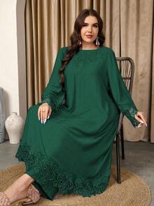 Graceveil 女士圆领长袖长上衣和直筒裤蕾丝拼接宽松休闲高端舒适大码套装 - 綠色 - 查看 6