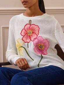 Lilora 2025 Frühherbst Städtisch Lässig Resort Elegant Retro Weiß 3D Blumen Stickerei Langarm Locker Leicht Damen Pullover Sweater, geeignet für Valentinstag, Retro, Date Night, formelle Anlässe, bequem, lässig, Outdoor - Weiss - Übersicht 2