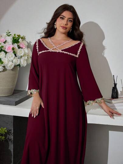 Al Najma 大码女式镂空蕾丝拼接长袖休闲宽松阿拉伯风格连衣裙