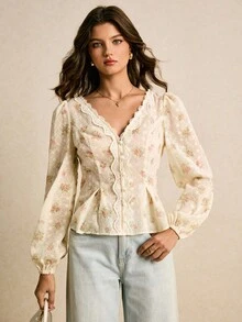 Poéselle Elegant Commuter Woven Embroidered Floral Lace Trim Long Sleeve Blouse - Pink - View 7