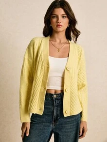 Poéselle 女式休闲麻花落肩长袖针织开衫，秋冬 - 黃色 - 查看 4
