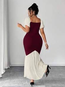 Elenzga Đầm suông đuôi cá tay bồng phối lưới phối màu thanh lịch cho nữ - Màu Đỏ Sâu - Xem 2