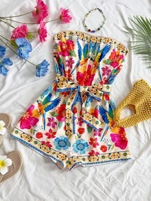 Soleia Soleia Women's Vacation Casual Elegant Tropical Floral Print Belted Strapless Jumpsuit, Suitable For Party, Evening, Sexy, Date, Beach Vacation, Summer Outfit, Holiday Date, Afternoon Tea, Seaside Beach Cruise Vacation, Urban Vacation, Boho Vacation, Music Festival, Beach Dress Can Be Worn Inside Or Outside, All Season Tropical Romper Beach Romper Vacation Romper Floral Romper
