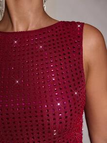 SHEIN BAE Áo tank top nữ không tay ôm sát, màu đỏ rượu vang đậm, đính đá pha lê lấp lánh, thanh lịch, thích hợp cho các bữa tiệc, hộp đêm, tiệc cocktail, tiệc chiêu đãi, đi chơi đêm, dạ hội, hẹn hò, mặc nhiều lớp mùa thu/đông, áo đi chơi cho nữ, ngày Valentine. - Màu Đỏ Sâu - Xem 8