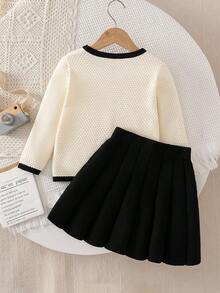 SHEIN Playful Pals Young Girls' Sweet Madeline Black-White Sweater Sets - Tweed Style With 3D Bows, Cardigan + Skirt Two Pieces,Suitable For Autumn/Winter Fall