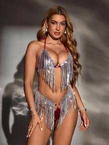 SpicyHot 红色心形吊坠项链配流苏性感首饰套装 - 紅色 - 查看 4