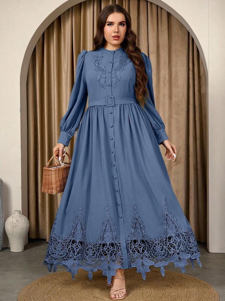 Graceveil Plus Size Long Sleeve Solid Color Lace Waist Belt Elegant Casual Dress - Blue - View 6