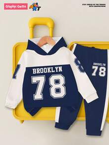 1 Bộ đồ hoodie thể thao phong cách trẻ em trai, Bộ hoodie và quần nỉ họa tiết chữ và số "BROOKLYN 78", Thích hợp cho các hoạt động thể thao hàng ngày, trang phục thường ngày và đi học, Thu/Đông - Nhiều màu - Xem 1