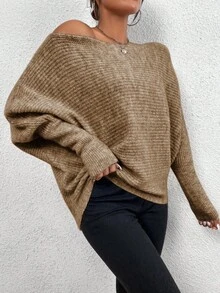 EMERY ROSE Women's Loose Bat Sleeve Pullover Sweater, Casual For Autumn - Khaki - View 3