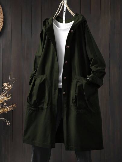 SHEIN LUNE 大码休闲连帽长款夹克，带大口袋