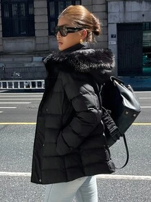 DAZY Women's Hooded Padded Coat With Fur Collar, Waist Cinched Winter Jacket - Black - View 3