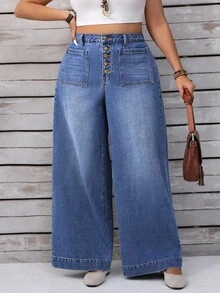 EMERY ROSE 大码女式纽扣口袋休闲阔腿牛仔裤 - 藍色 - 查看 5