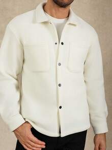 Manfinity Homme 男士休闲长袖口袋衬衫式外套，秋冬季奶油色男士白色抓绒衬衫式外套 - 米色 - 查看 7