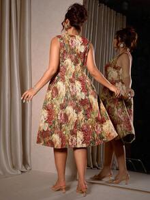 Cravure Plus Size Jacquard Fabric Sleeveless Suspender Dress, Halloween Pumpkin Princess A-Line Midi Dress, Waist Cinched Slimming