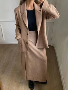 DAZY Women's Solid Color Loose Long Sleeve Lapel Pocket Blazer Jacket & A-Line Split Hem Skirt Casual Elegant Suit Set, Autumn/Winter Business Attire - Brown - View 3