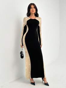 Chiquease Abito maglione elegante e sottile a maniche lunghe con cuciture a contrasto nero e albicocca, stile blogger europei e americani, con lustrini, adatto per l'autunno, per uscire, per l'ufficio e per il tempo libero - Multicolore - Visualizzare 5