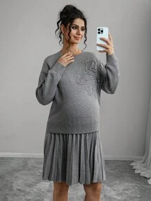 Momance Handmade Floral Solid Color Maternity Sweater Set, Minimalist Chic 3D Flower Round Neck Knit Suit - Grey - View 7