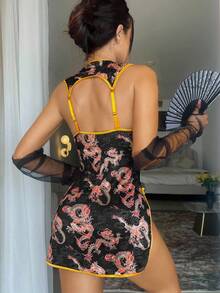 SHEIN 性感系列印花镂空开衩女士内衣服装 - 黑色 - 查看 2